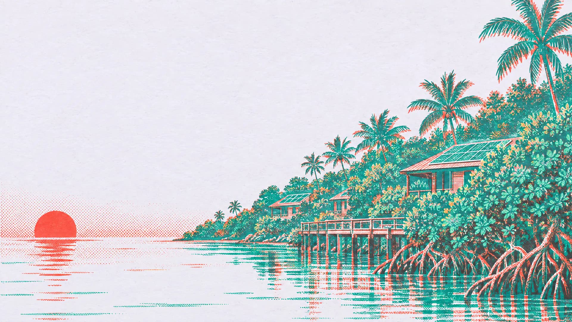 A wide view of a forested island with solar roofs and a quiet bay.