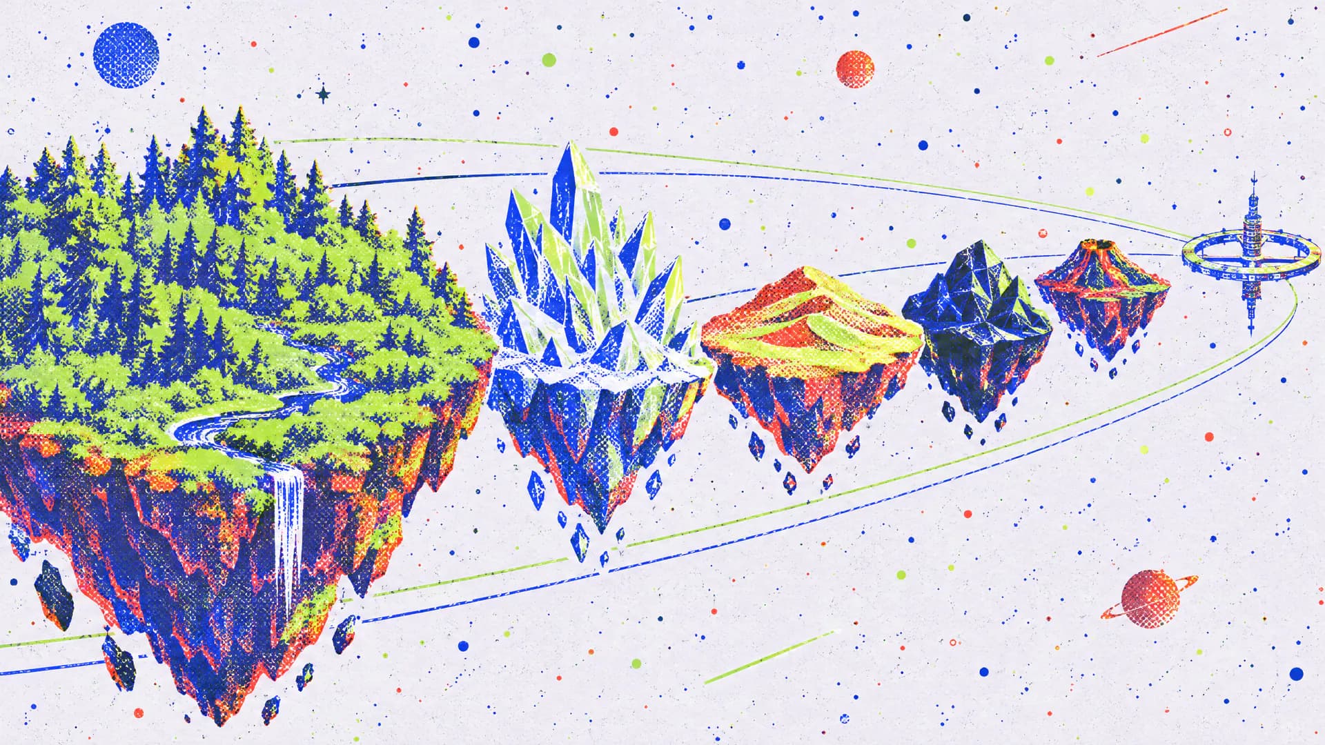 Floating realms of forest, ice, sand and lava orbiting a central station.