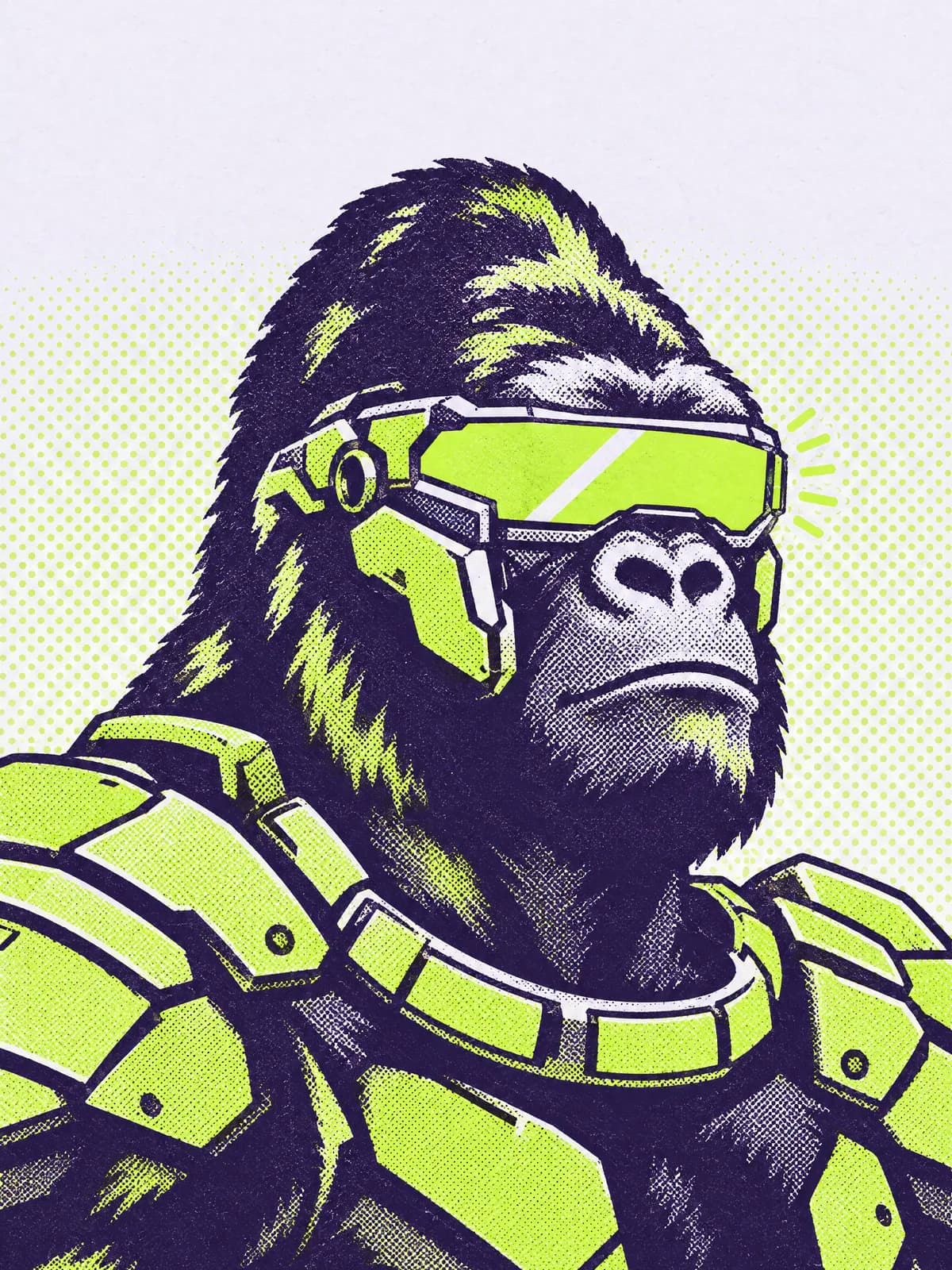 An armoured cyber ape wearing a glowing lime visor, drawn in flat spot inks.